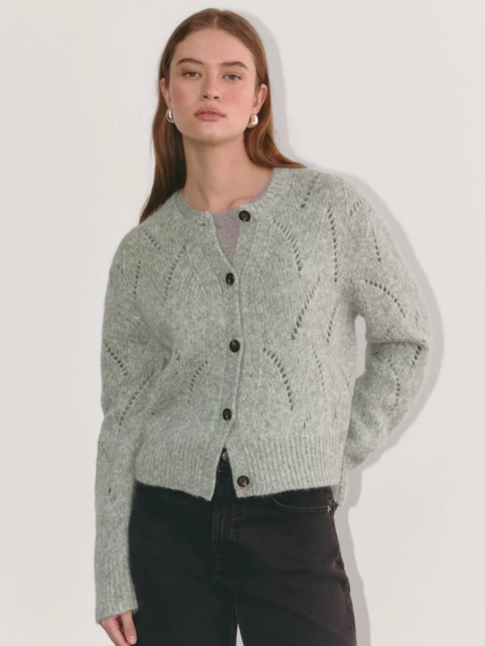 Soft Knit Pointelle Cardigan Sweater - Light Gray